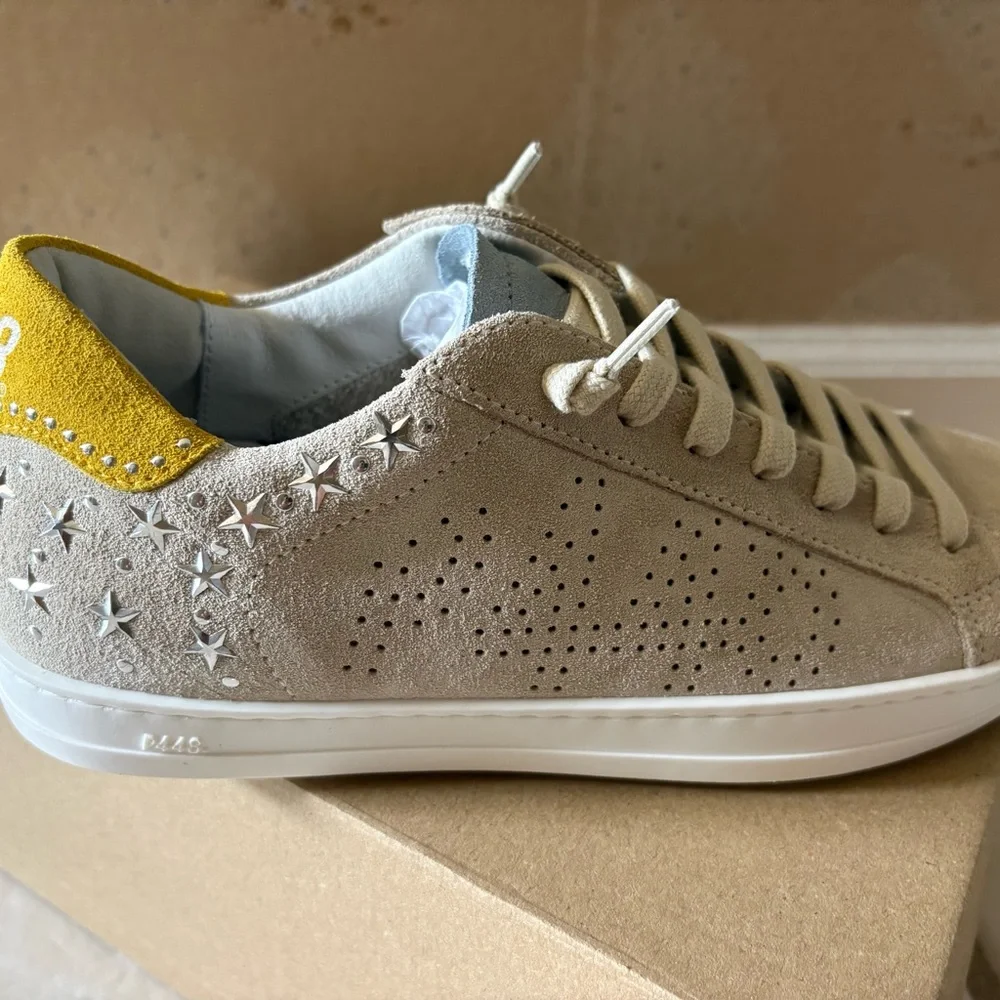 P448 Beige Suede Low-Top Sneakers with Yellow Heel - Picture 5 of 8